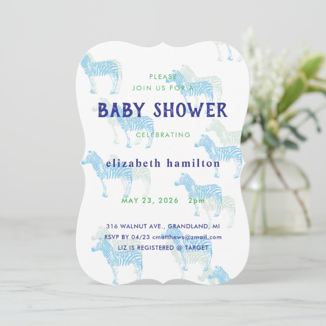 Blå Zebror Baby Shower Inbjudan (Stående Fram)