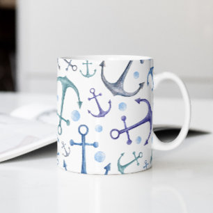 blåa ankare för vattenfärg. Nautiskt hav mönster Kaffemugg