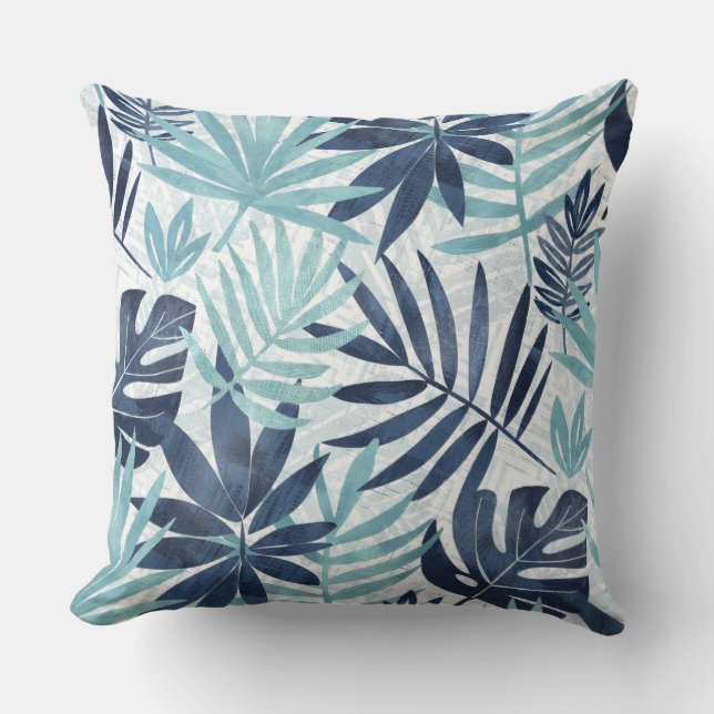 Blåa Aqua & White Handflatan Löv Dekorativ kudde (Framsida)