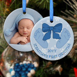 Blåa band babys fötter foto Sonens första jul Julgransprydnad Keramik
