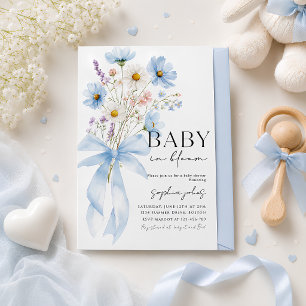 Blåa band bebis i blom Baby Shower Inbjudan
