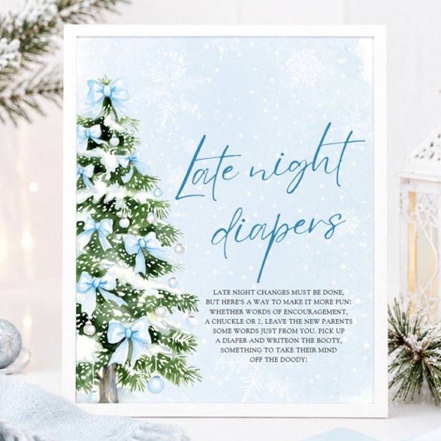 Blåa band jul bebisshower sent natt blöjor  poster (Blue Bow Christmas Baby Shower Late Night Diapers Sign)