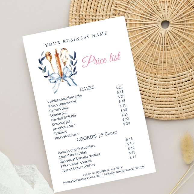Blåa band köksredskap bakverk prislista flygblad (Blue Coquette Bow Utensils cooking Bakery Price List Flyer)