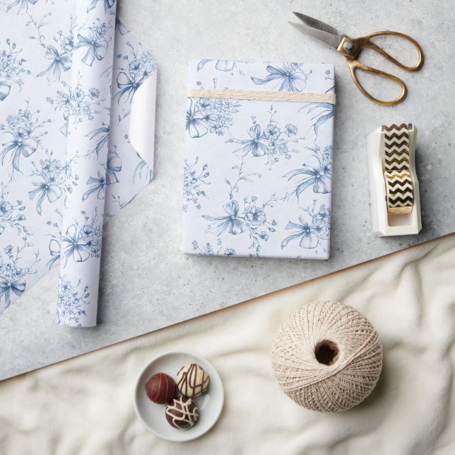 Blåa band och slingor Toile Coquette-mönster  Presentpapper (Hantverk)