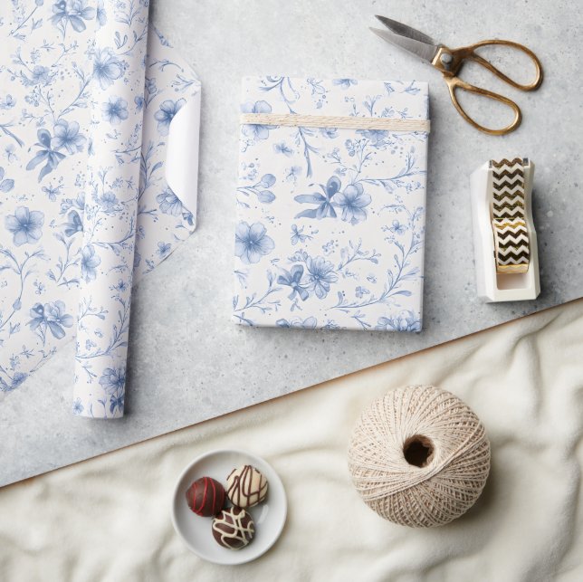 Blåa band och slingor Toile Coquette-mönster  Presentpapper (Hantverk)
