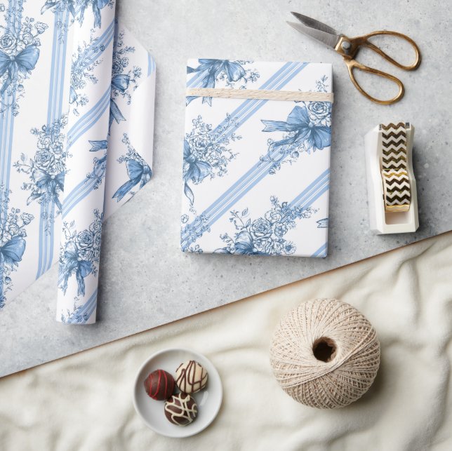 Blåa band och slingor Toile Coquette-mönster  Presentpapper (Hantverk)