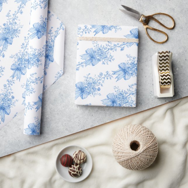 Blåa band och slingor Toile Coquette-mönster  Presentpapper (Hantverk)