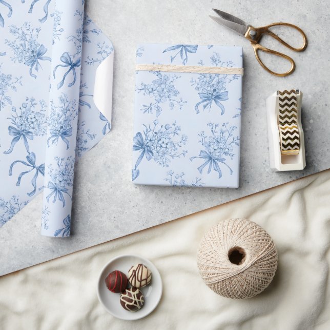 Blåa band och slingor Toile Coquette-mönster  Presentpapper (Hantverk)