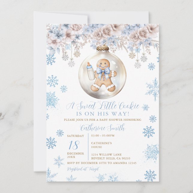 Blåa band pepparkaksguldsocker jul baby shower inbjudningar (Framsida)