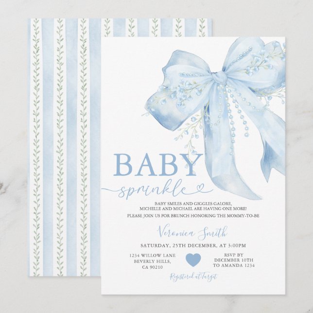 Blåa band söta pärlor Coquette Baby Shower Inbjudningar (Fram/baksida)