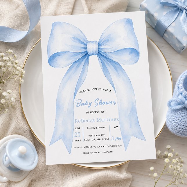 Blåa bandet Kokett Pojke Barnkalas Inbjudningar (Blue Bow Coquette Boy Baby Shower Invitation)