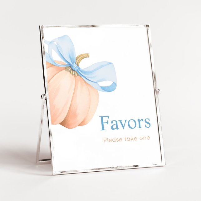 Blåa bandet Orange Pumpa Förmånstecken Poster (Little Pumpkin Bow Baby Shower Favors SIgn)