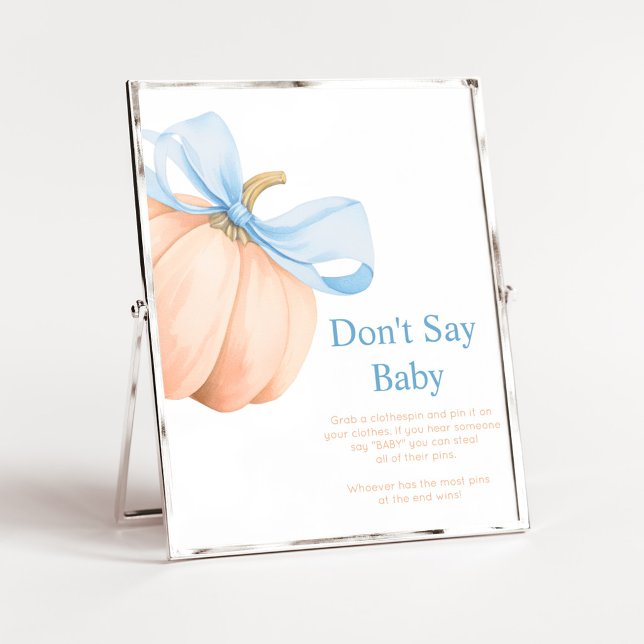 Blåa bandet Orange Pumpa Säg Inte Bebis Skylt (Little Pumpkin Bow Baby Shower Don't Say Baby Sign)
