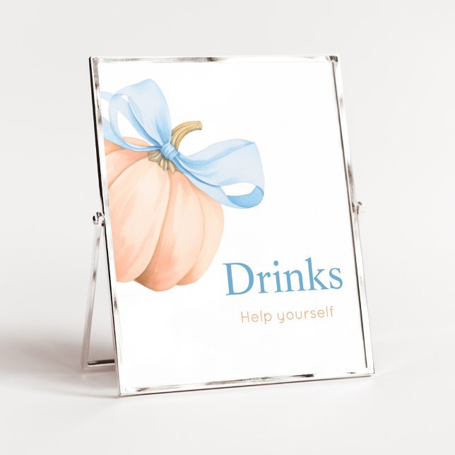Blåa bandet Orange Pumpadrinks Skylt (Little Pumpkin Bow Baby Shower Drinks Sign)