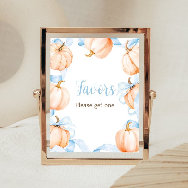 Blåa bandpumpa baby shower presenter skylt (Boy Bow Pumpkin Baby Shower Favors Sign)