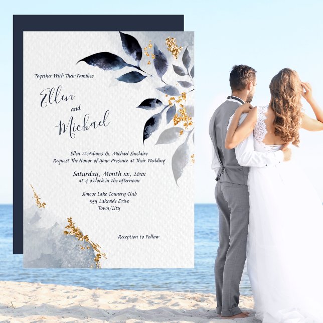 Blåa blad med guld vigselring inbjudningar (Blue Leaves with Gold Wedding Invitation)