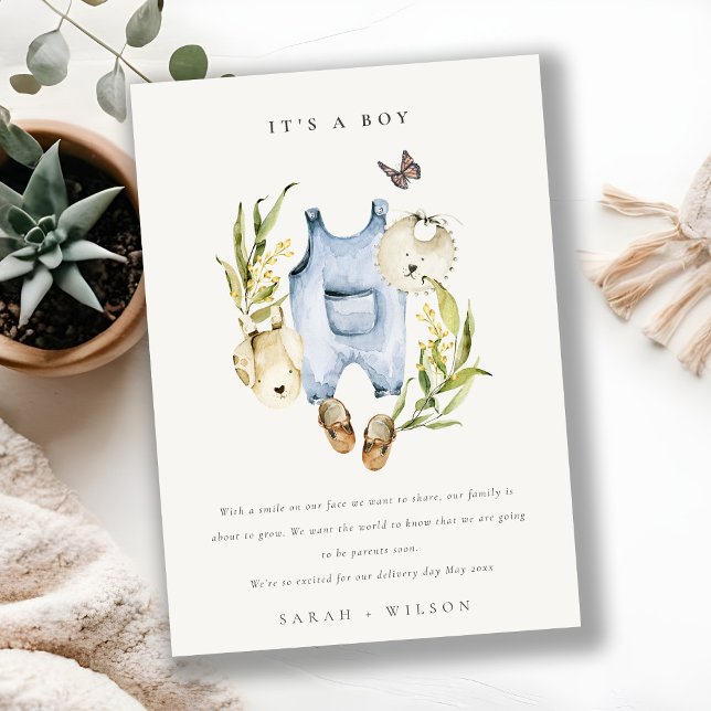 Blåa bladiga kläder för pojkbaby - födelseannons inbjudningar (Skapare uppladdad)