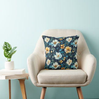 Blåa Blommigtar för Gult av vattenfärg Cream Kudde