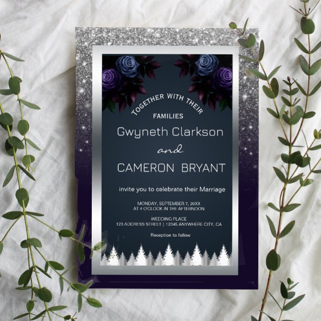Blåa Blommigtar för mörk i Moody Silver Inbjudningar (Dark and dramatic. Our navy blue, silver, and purple floral invitations add a touch of mystery)