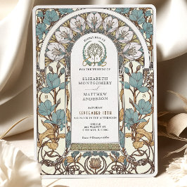 Blåa Blommigtar och gyllene accenter Art nouveau B Inbjudningar