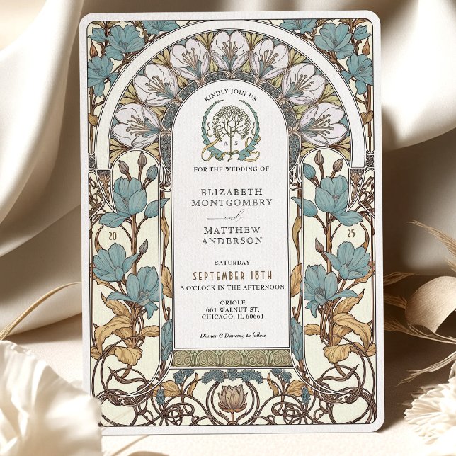 Blåa Blommigtar och gyllene accenter Art nouveau B Inbjudningar (Skapare uppladdad)