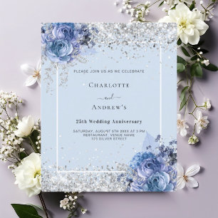 Blåa blommigtar silver 25-årsjubileum inbjudan