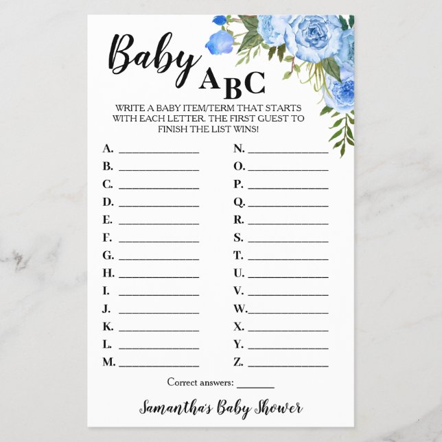 Blåa blommor Baby ABC-babyvykort Flygblad (Framsidan)