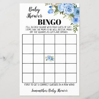 Blåa blommor Baby Shower Bingo-spelkort Flygblad