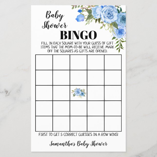 Blåa blommor Baby Shower Bingo-spelkort Flygblad (Framsidan)