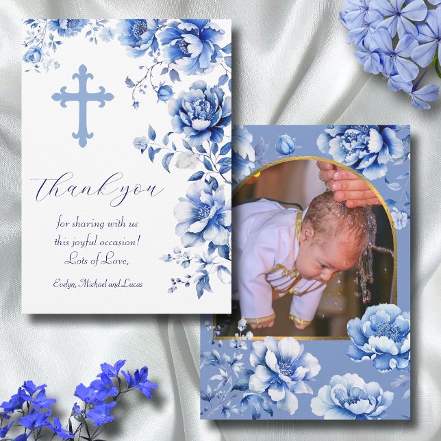 Blåa blommor Baptism - tackkort Inbjudningar (Skapare uppladdad)