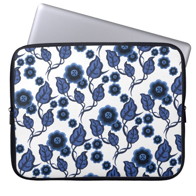 Blåa blommor blåttlöv, blommigt för Folk konst Laptop Fodral (Framsidan)