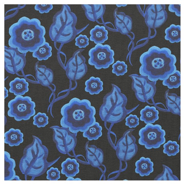 Blåa blommor/blåttlöv/blommigt/svart för Folk Tyg (Närbild)