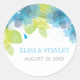 Blåa blommor blommigt vår bröllop runt klistermärke