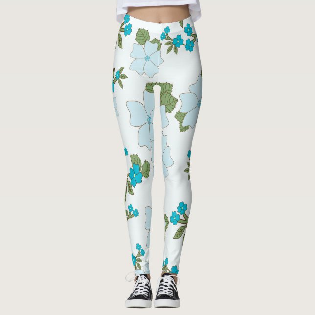 Blåa blommor, Blommönster, Mönster om blommor Leggings (Framsida)