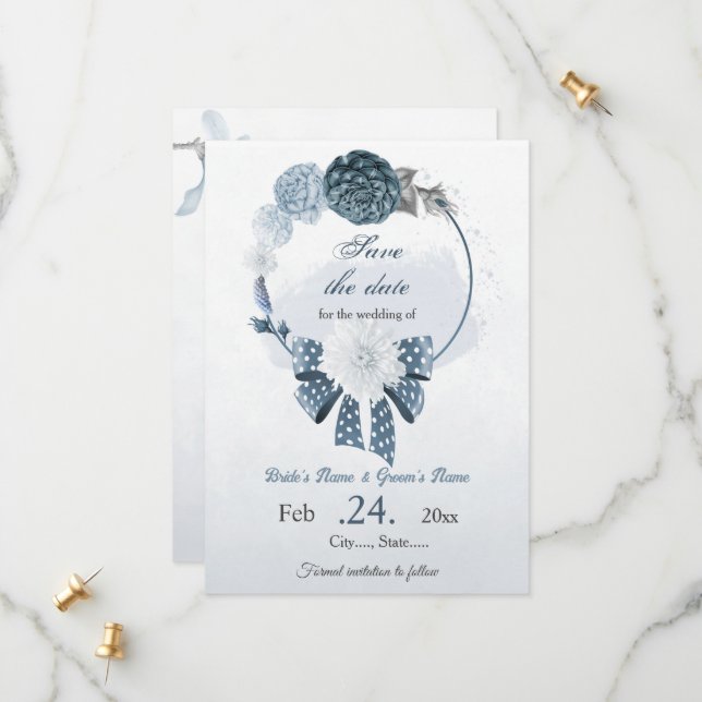 blåa blommor botaniska bröllop spara datumet (Fram/Back In Situ)