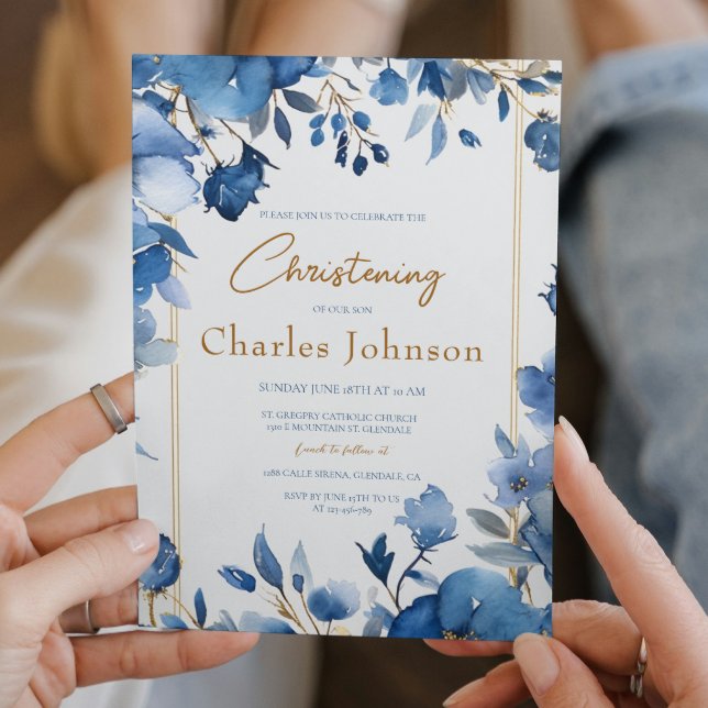 Blåa blommor Boy Blommigt Christening Inbjudningar (Skapare uppladdad)