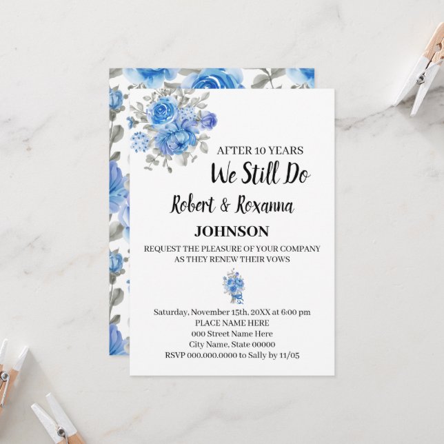 Blåa blommor Bröllop-årsdagen för förnyelse Inbjudningar (Fram/Back In Situ)