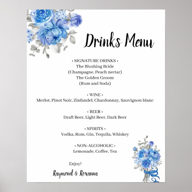 Blåa blommor Drinks Menu Bröllop Sign Poster (Framsidan)