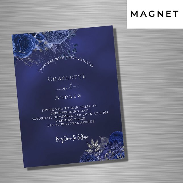 Blåa blommor elegant lyxur bröllop magnetisk inbjudningskort (Skapare uppladdad)