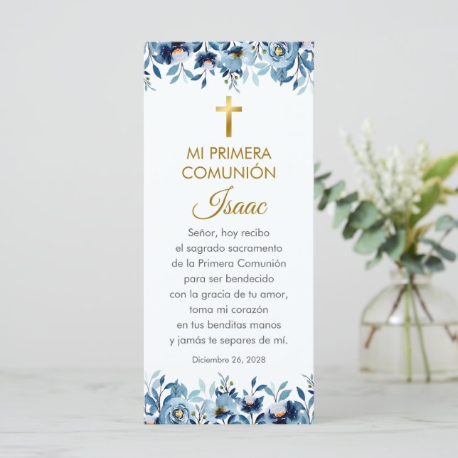 Blåa blommor First Communion Bookmark på spanska (Stående Fram)