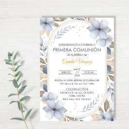 Blåa blommor First Communion på spanska katolik Inbjudningar