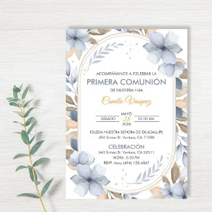 Blåa blommor First Communion på spanska katolik Inbjudningar