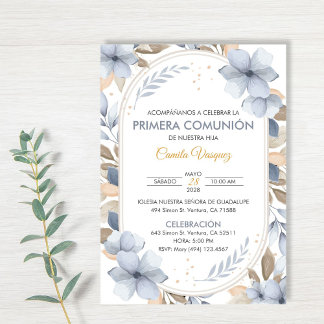Blåa blommor First Communion på spanska katolik Inbjudningar