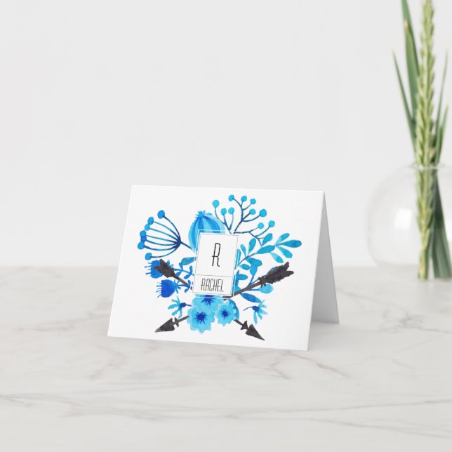Blåa blommor för blommigt Monogram Blank Note Card Anteckningskort (Framsida)