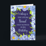 Blåa blommor Friend Birthday Kort<br><div class="desc">Födelsedagskort för vän med söt blå vår blommor och tankfull vers.</div>