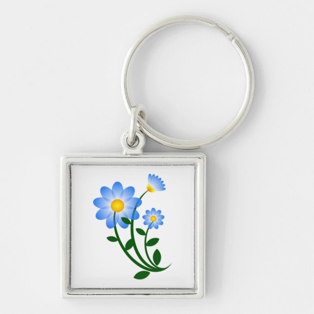 Blåa blommor fyrkantig silverfärgad nyckelring (Framsidan)