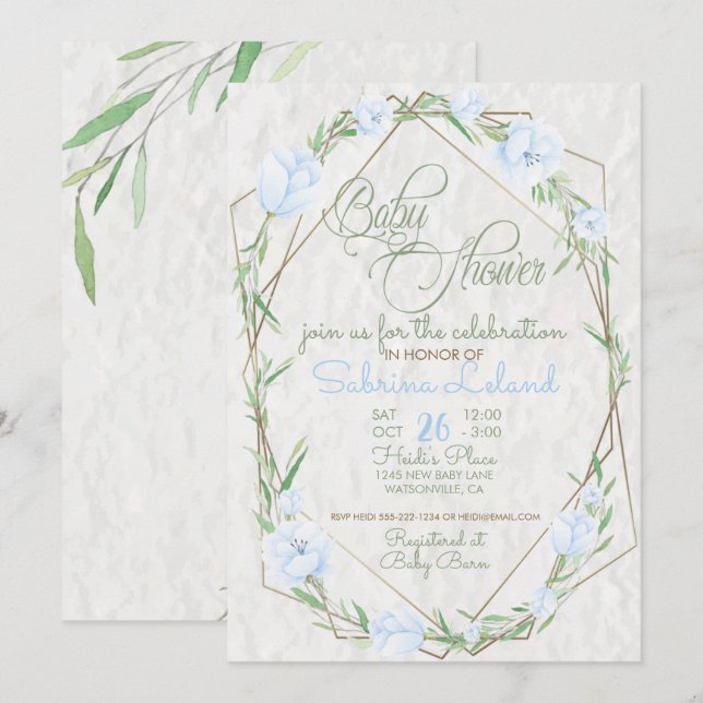 Blåa blommor Greenery Terrarium Baby Shower Inbjudningar (Fram/baksida)