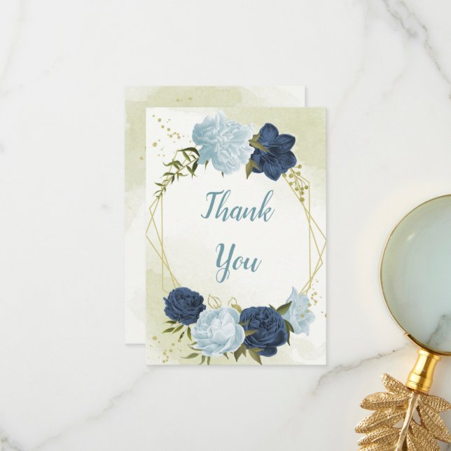blåa blommor grönt löv bröllop tack kort (Fram/Back In Situ)