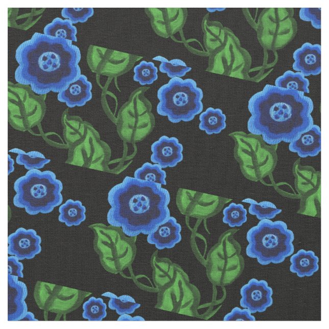 Blåa blommor/gröntlöv/blommigt/svart för Folk Tyg (Närbild)