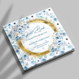 Blåa blommor Guld Glitter Bröllop Gästböcker